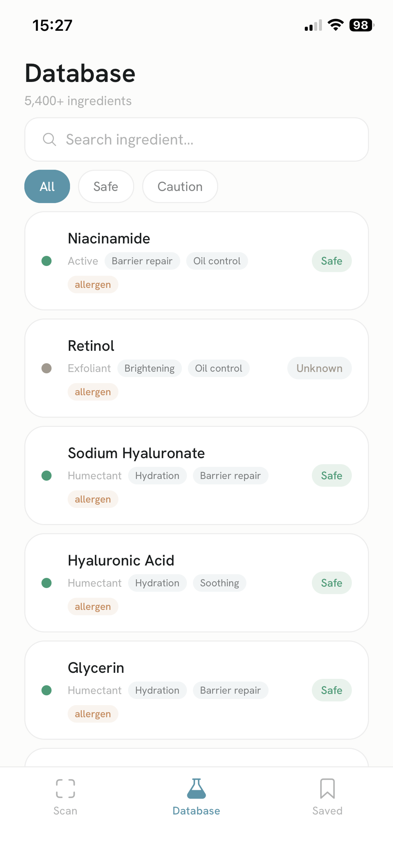Skincare ingredient database